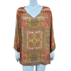 Rose + Olive Top Women 3X Red Orange Boho Peasant Lightweight Sheer Artsy Office